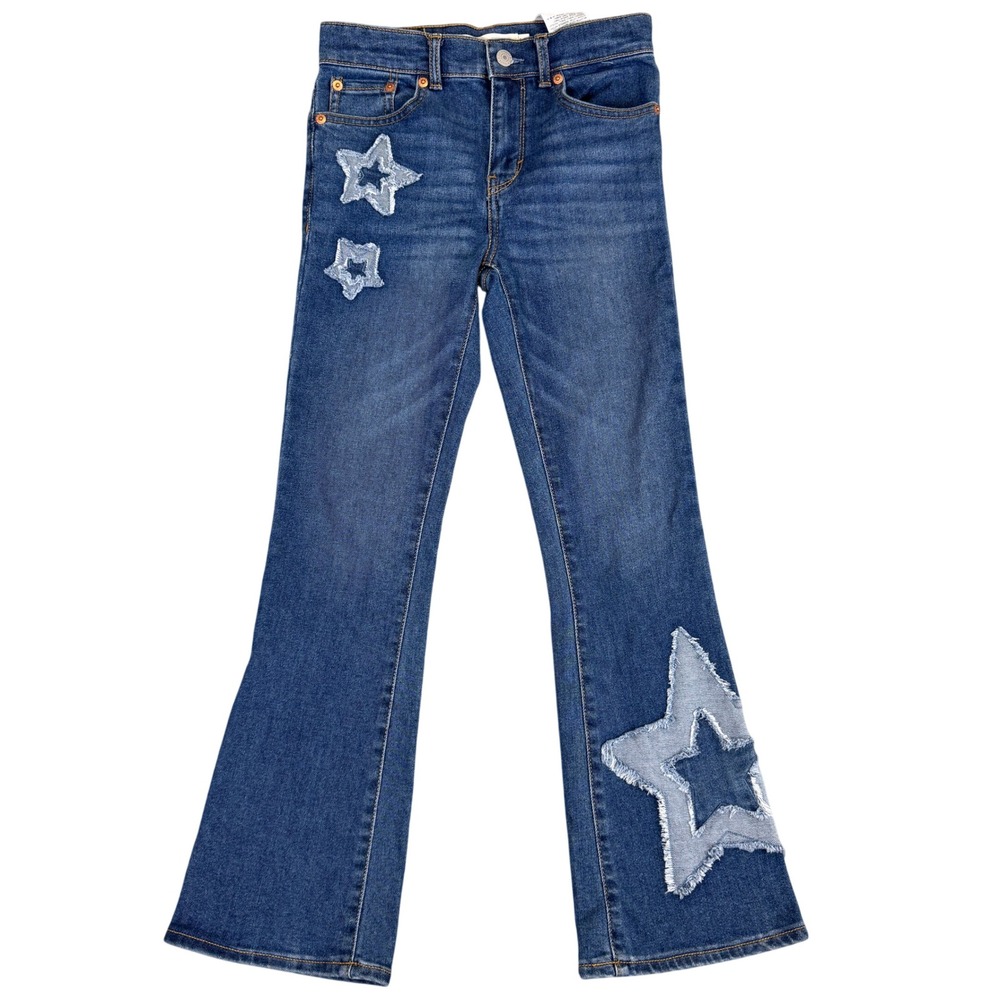 Levis 726 Flare Jeans Girls 10 Regular Blue Denim Star Patch Frayed Stretch